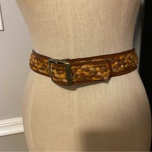 Woven multi color thread basket weave brown leather boho hippie belt XXS XS